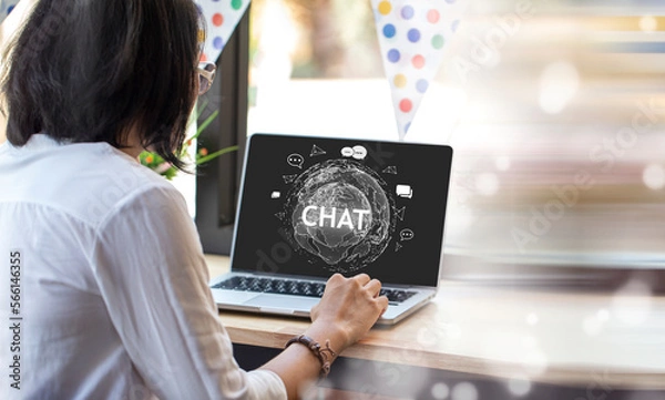 Fototapeta System Artificial intelligence chatgpt , Business woman using Laptop or Smartphone with Chat Bot AI , Technology smart robot Ai Chat application software , robot application Chat GPT