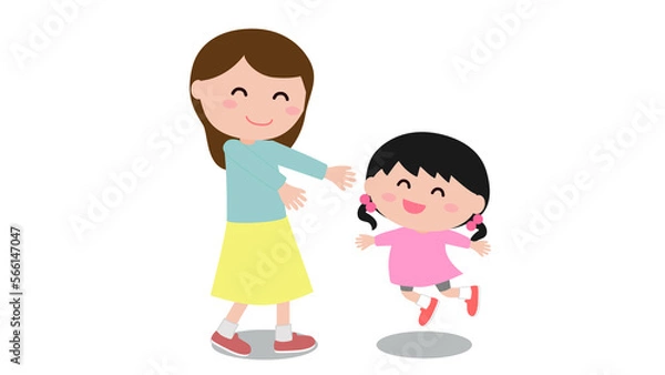 Fototapeta お母さんとジャンプする女の子のイラスト