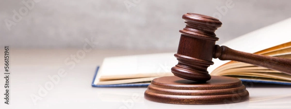 Fototapeta Law and justice concept. Mallet gavel of the judge, scales of justice, books. Copy space for text