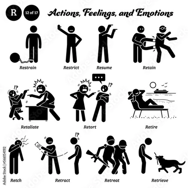 Obraz Stick figure human people man action, feelings, and emotions icons alphabet R. Restrain, restrict, resume, retain, retaliate, retort, retire, retch, retract, retreat, and retrieve.