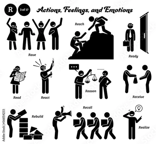Obraz Stick figure human people man action, feelings, and emotions icons alphabet R. Rave, reach, ready, read, react, reason, receive, rebuild, recall, and realize.