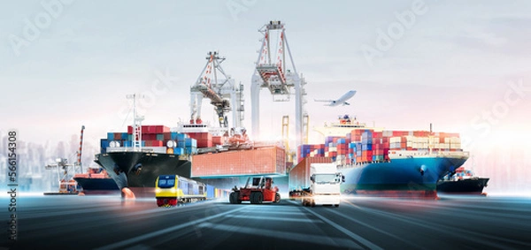 Obraz Global business logistics transport import export and International trade concept, Logistic distribution of containers cargo freight ship, train, truck, airplane, Transportation industry background