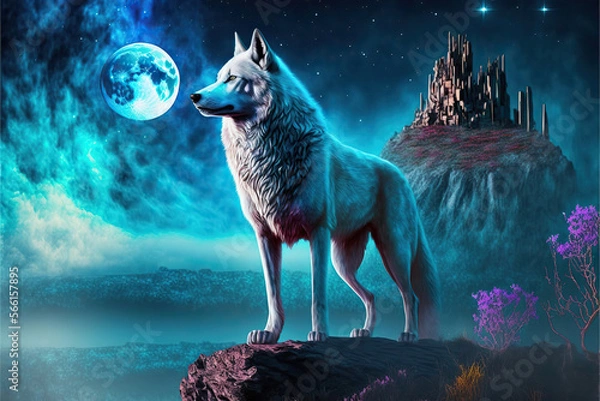 Fototapeta white wolf in a magical fantasy landscape at night, Generative AI