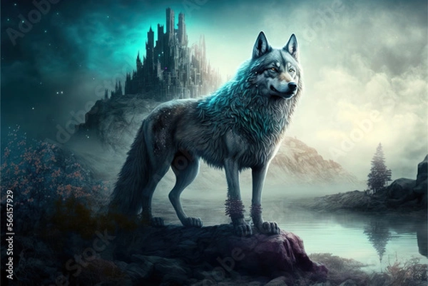 Fototapeta Beautiful wolf standing on a rock next to a lake, Generative AI