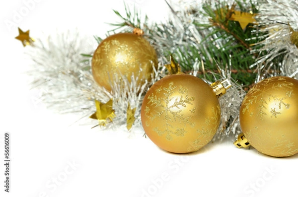 Obraz Christmas balls with tinsel and pine tree