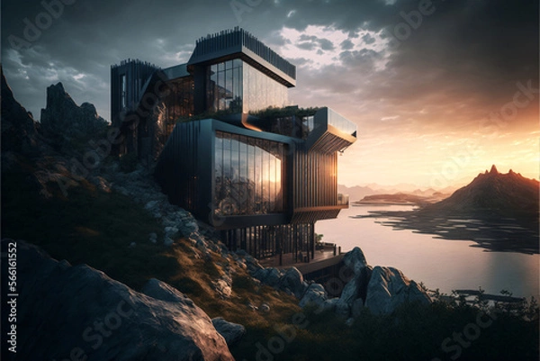Fototapeta Futuristic modern design villa above a cliff by the sea. Designed using generative ai.