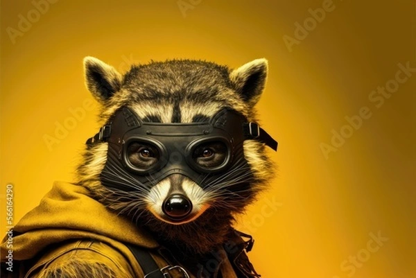 Fototapeta Humorous raccoon with a band, masked raccoon on yellow background. Generative AI