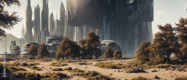 Fototapeta Futuristic structures amidst breathtaking landscape, showcasing advanced building technology. Generative AI