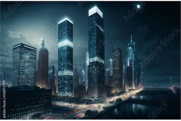 Fototapeta A photorealistic impressive view of a cityscape at night featuring tall skyscrapers, illustrations, Ai generative