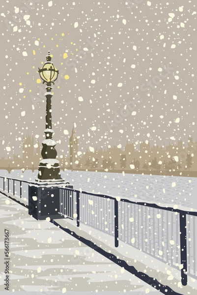 Fototapeta London lamp in winter stylized vector illustration with snow