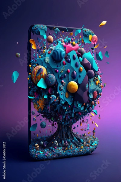 Fototapeta mobile phone with abstract dobjects on color background, social media marketing concept