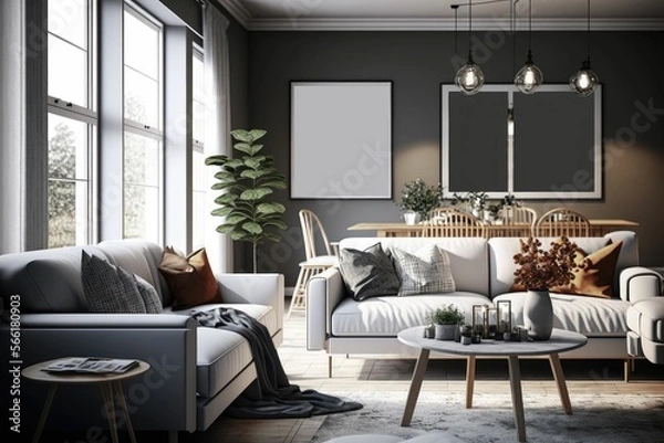 Fototapeta A large salon living room with a sofa. Featuring two armchairs, a sofa, mockup of a contemporary interior ,made with Generative AI