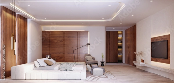 Obraz 3d rendering,3d illustration, Interior Scene and  Mockup,bedroom interior design,Decorate in modern style with wood material.