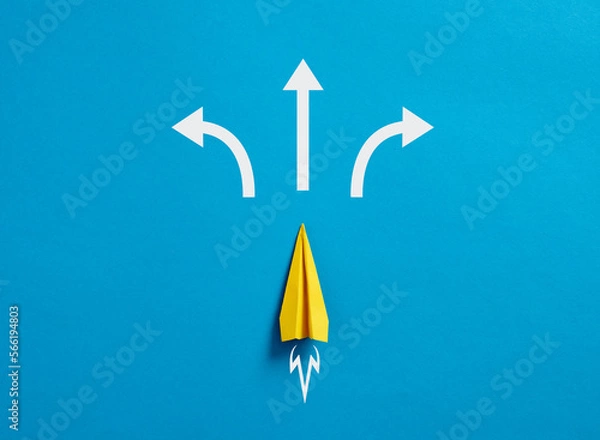 Fototapeta Paper plane with arrows pointing different directions.