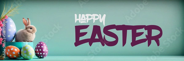 Fototapeta Easter Day Rabbit and colorful eggs | Banners | Easter day banners | Facebook cover | Happy Easter | Generative Ai | Bunny with painted eggs | Eggs in nest 