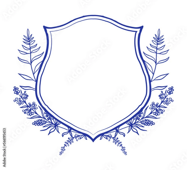 Obraz Blue and white wedding Crest template with herbs, eucalyptus and fern branches. Chinoiserie inspired.