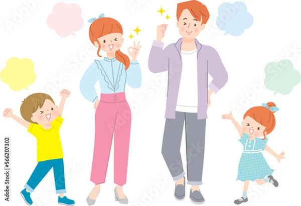 Obraz 笑顔でお出かけする4人家族のイラスト