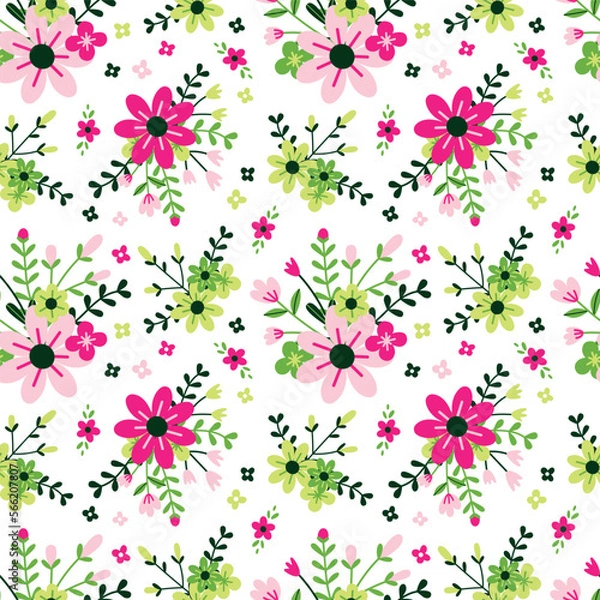 Fototapeta Seamless vector floral pattern in flat style on white background. Ornament for fabric and wrapping paper with pink, green and yellow small flowers