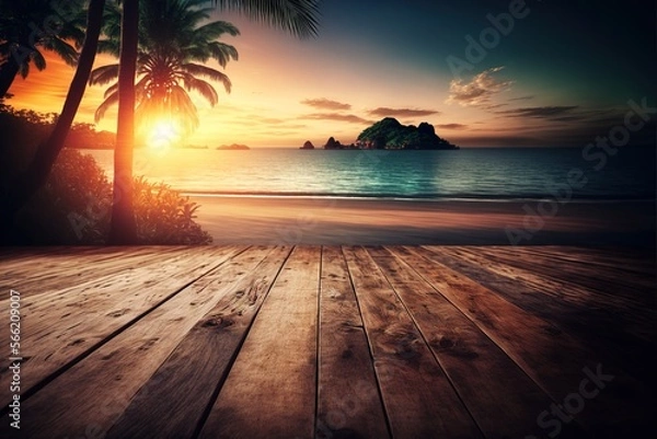Fototapeta Empty wooden floor with tropical sunset beach background generative ai