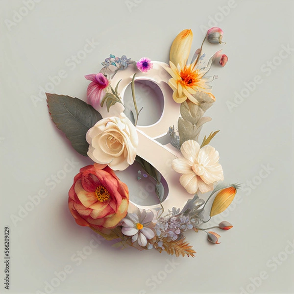 Obraz Spring concept of creative number 8, eight, flat lay. The date for the celebration of Women's Day, the eighth of March. Illustration. Generative AI.