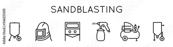 Obraz Sandblasting icons set. Presented camera, pistol, mask, container. For web design and internet.