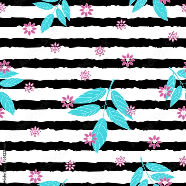 Obraz Floral seamless pattern with leaves and stripes. Daisy print. Packaging template, graphic design, texture, textile, bedding and wallpaper.