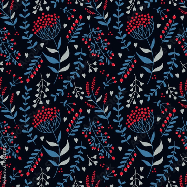 Fototapeta Seamless vector pattern of twigs and berries in retro style on a dark background. Floral ornament with blue twigs and red berries on a dark background for textiles
