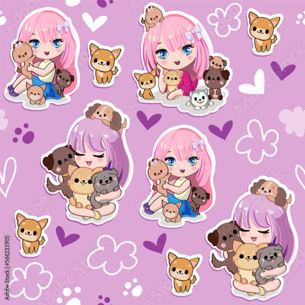 Fototapeta Cute cartoon anime girls with little kittens and dogs seamless pattern on a purple background. Vector illustration print in kawaii style