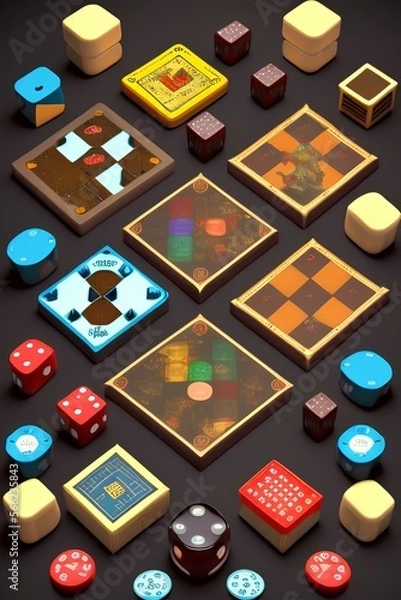 Fototapeta A variety of board game pieces. A background miscellaneous board game pieces - generative ai