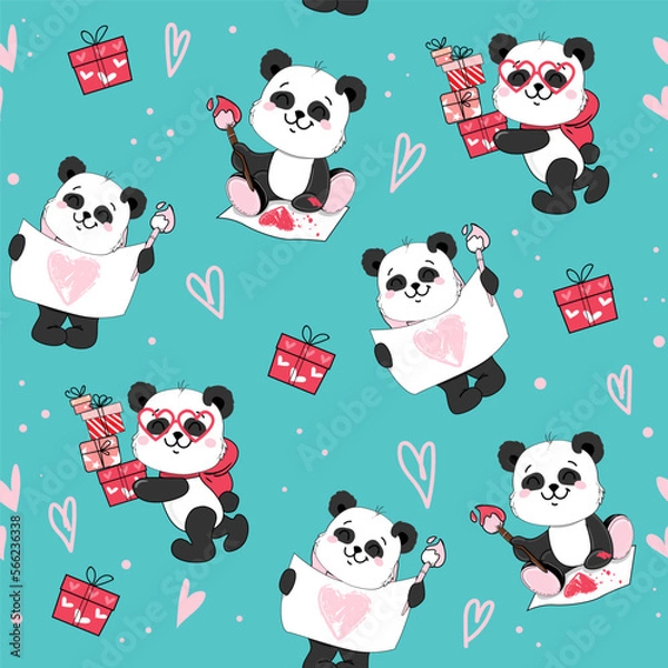 Fototapeta Cartoon panda with heart and gift boxes for valentines day on a blue background seamless pattern. Vector cartoon illustration in kawaii style