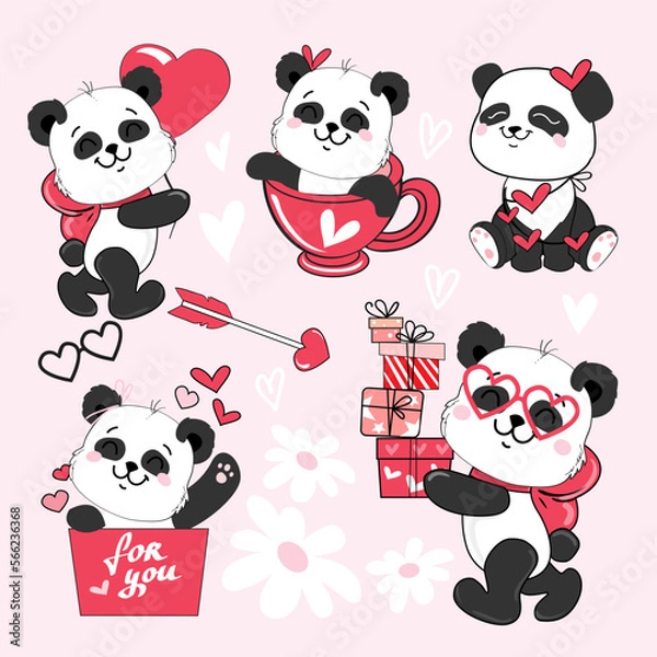Fototapeta Draw cute panda set in kawaii style on a pink background. Valentine's Day card. Vector illustration cartoon doodle style