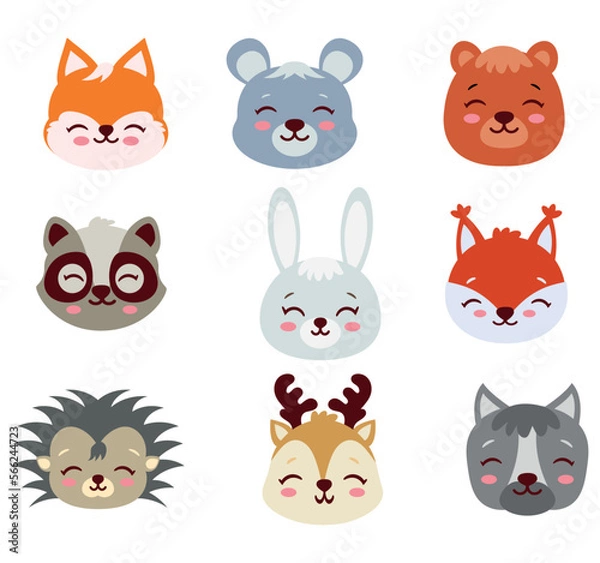 Fototapeta Set of images of cute animal faces Forest animals. Vector graphics..