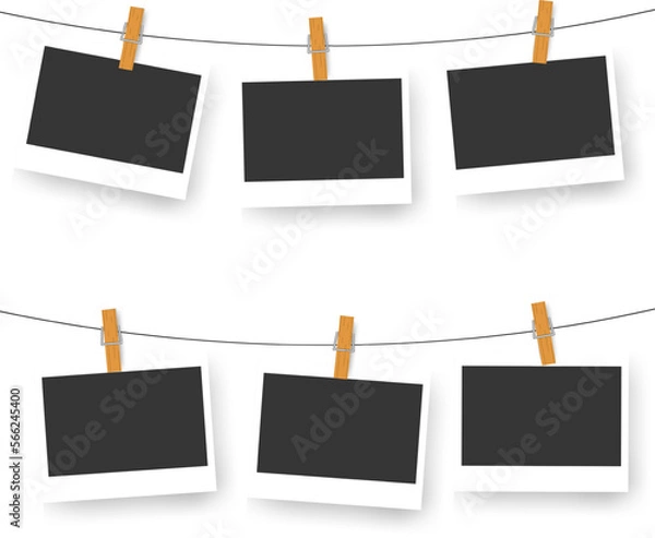 Fototapeta Snapshots attached to a clothespin. Realisctic retro photo frames. Booth empty teplate for collage