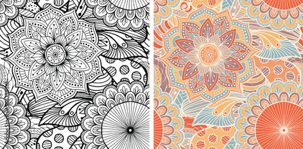 Obraz Hand Drawn Mandala and Floral decorative elements, Coloured and Black and White Vector Seamless pattern For fabrics, clothing, decoration, home decor, cards and templates, wrapping paper, kids prints.