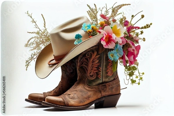 Fototapeta cowboy boots for cowgirl with bouquet of flowers and hat isolated on white. Generative AI