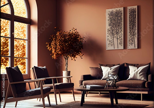 Fototapeta Living Room in Brown Warm Color. Generative AI.