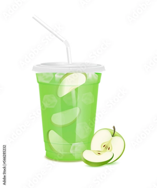 Fototapeta Fresh green apple juice glass and slices half. Fruit juice in clear plastic transparent cup flat lid, ice and straw tube. For design drink menu cafe or restaurants. Isolated 3D realistic vector.