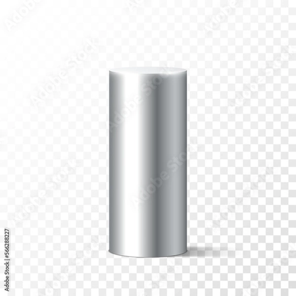 Fototapeta Realistic metal cylinder pedestal isolated on transparent background. Steel glossy detailed pipe with shadow. Round chrome column stand. 3d geometric shape vector illustration