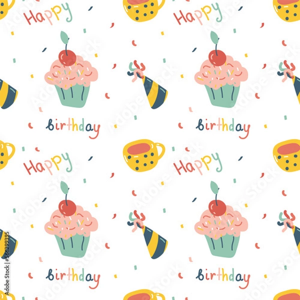 Fototapeta Vector seamless pattern with birthday cupcake, mug, present