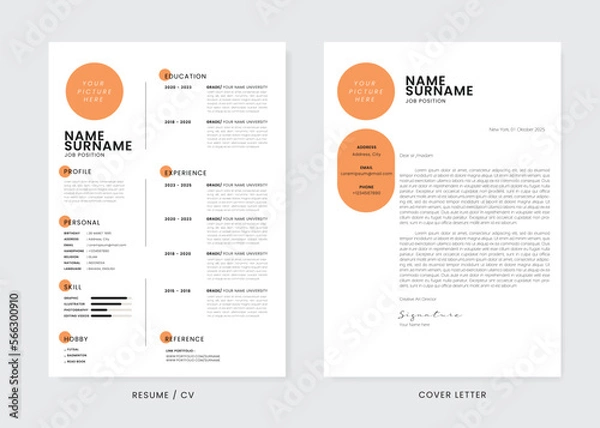 Obraz Minimalist CV Resume and Cover Letter Design Template. Super Clean and Clear Professional Modern Design. Stylish Minimalist Elements and Icons with Soft orange Color - Vector Template.