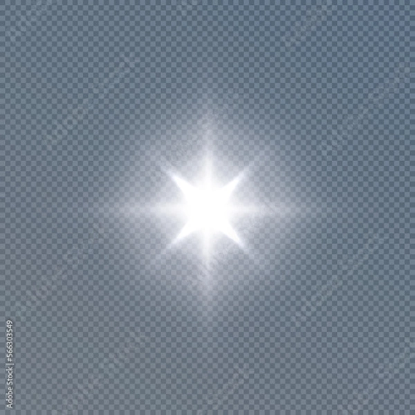 Fototapeta Bright sun shines with cold rays, vector illustration
Glowing white star on a transparent background. Flash of light, sun, twinkle. Vector for web design and illustrations.