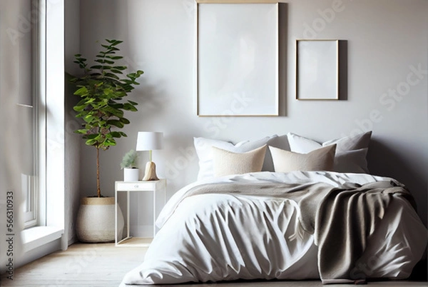 Fototapeta Frame mockup in bedroom interior design. Generative AI