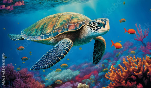 Fototapeta sea turtle swimming in the sea, ocean background, illustration generativ ai 