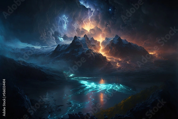 Fototapeta landscape of lighting over the mountains having a dramatic composition. Generative Ai