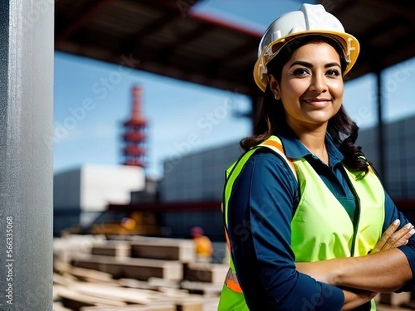 Obraz Woman wearing hard hat on a construction site. Made with Generative AI.