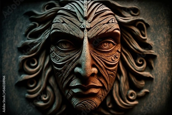 Fototapeta Human face in shona sculpture style, concept of Traditional Art and Geometric Patterns, created with Generative AI technology