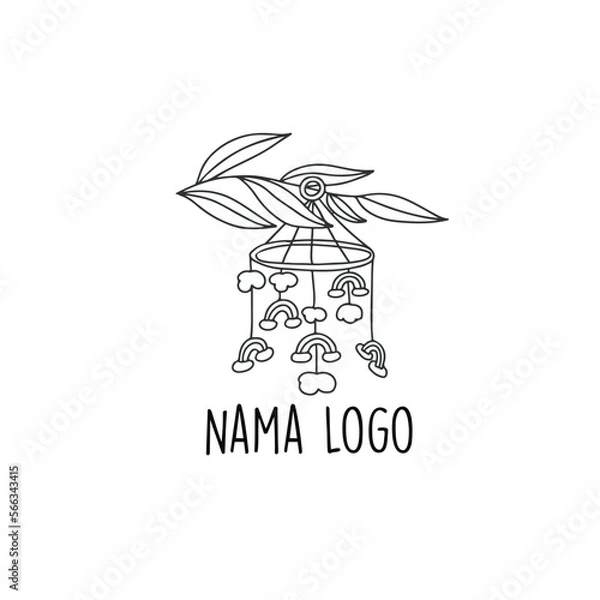 Obraz Baby bed hanging you vector illustration. Kid mobile carousel, sleeping toddler crib toy boho hand drawn doodle illustration. Leaf branch hanging