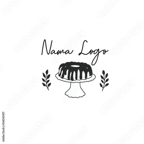 Obraz Wektor ręcznie rysowany szablon logo w eleganckim, minimalnym i doodle w stylu. Sylwetka budynia ciasta z próbką tekstową dowcip stojącej taca, liście winorośli jako ornament. Do brandingu biznesowego i tożsamości