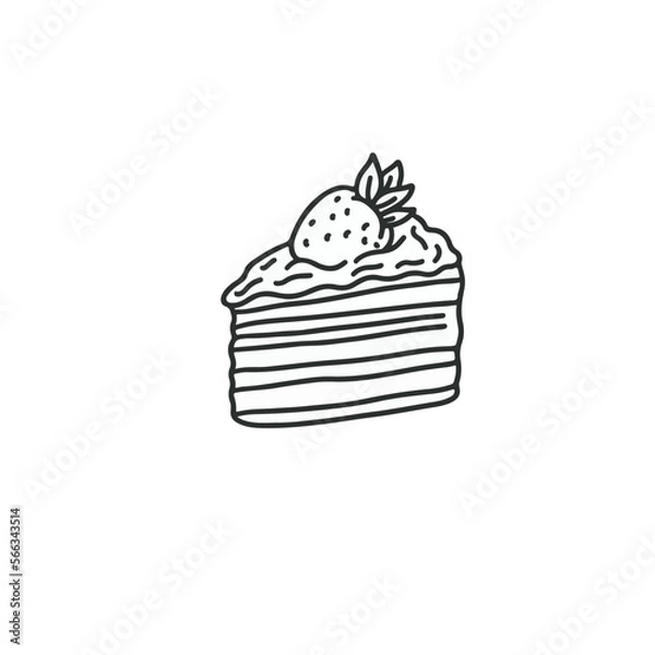 Obraz Vector illustration in doodle style. Piece of cake with strawberry. Simple drawing of dessert pie, cake. Black and white line drawing.