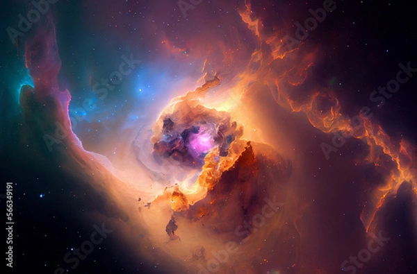 Fototapeta Glowing huge nebula with young stars. Space background, 3d illustration. Generating Ai.